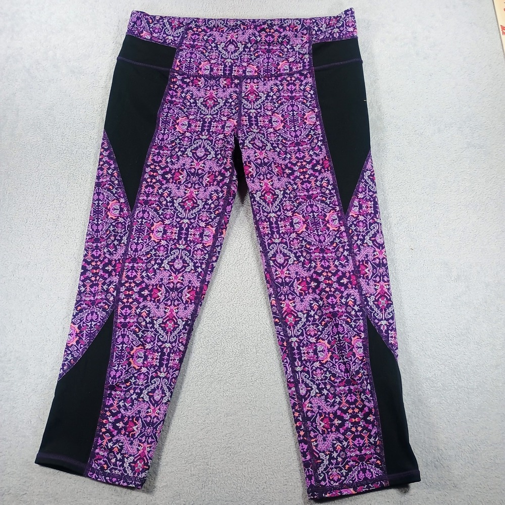 Athleta‎ Womens Capri Leggings Purple Paisley Print Large Cropped Yoga Pants